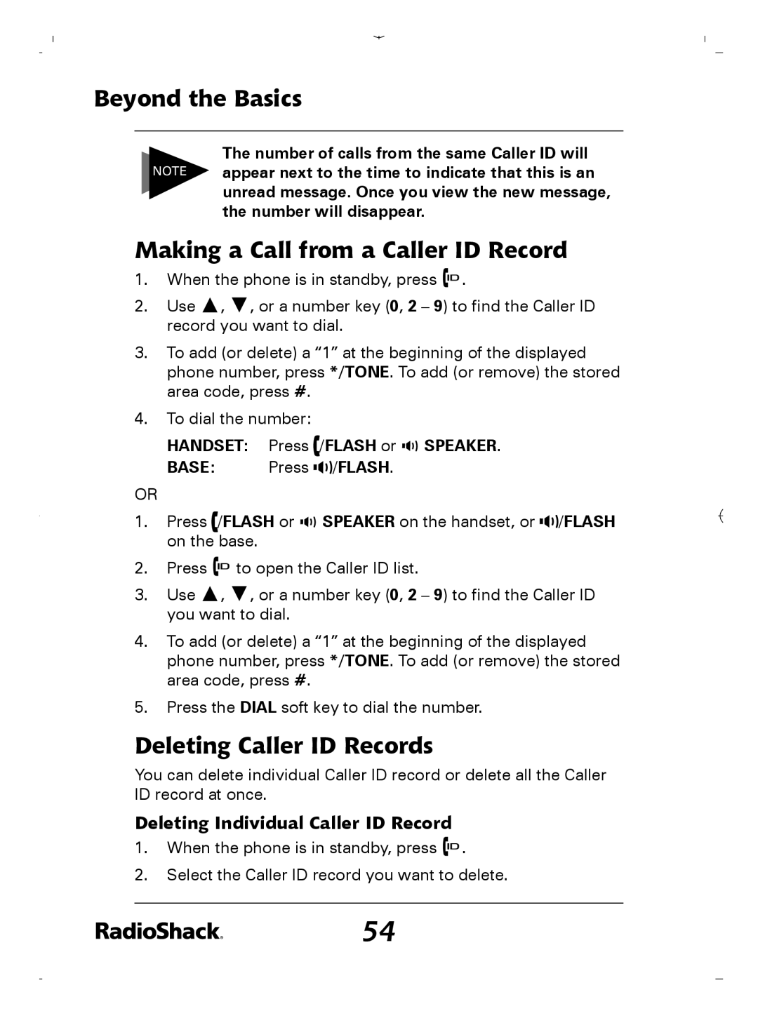 Radio Shack 43-5862 owner manual Making a Call from a Caller ID Record, Deleting Caller ID Records 