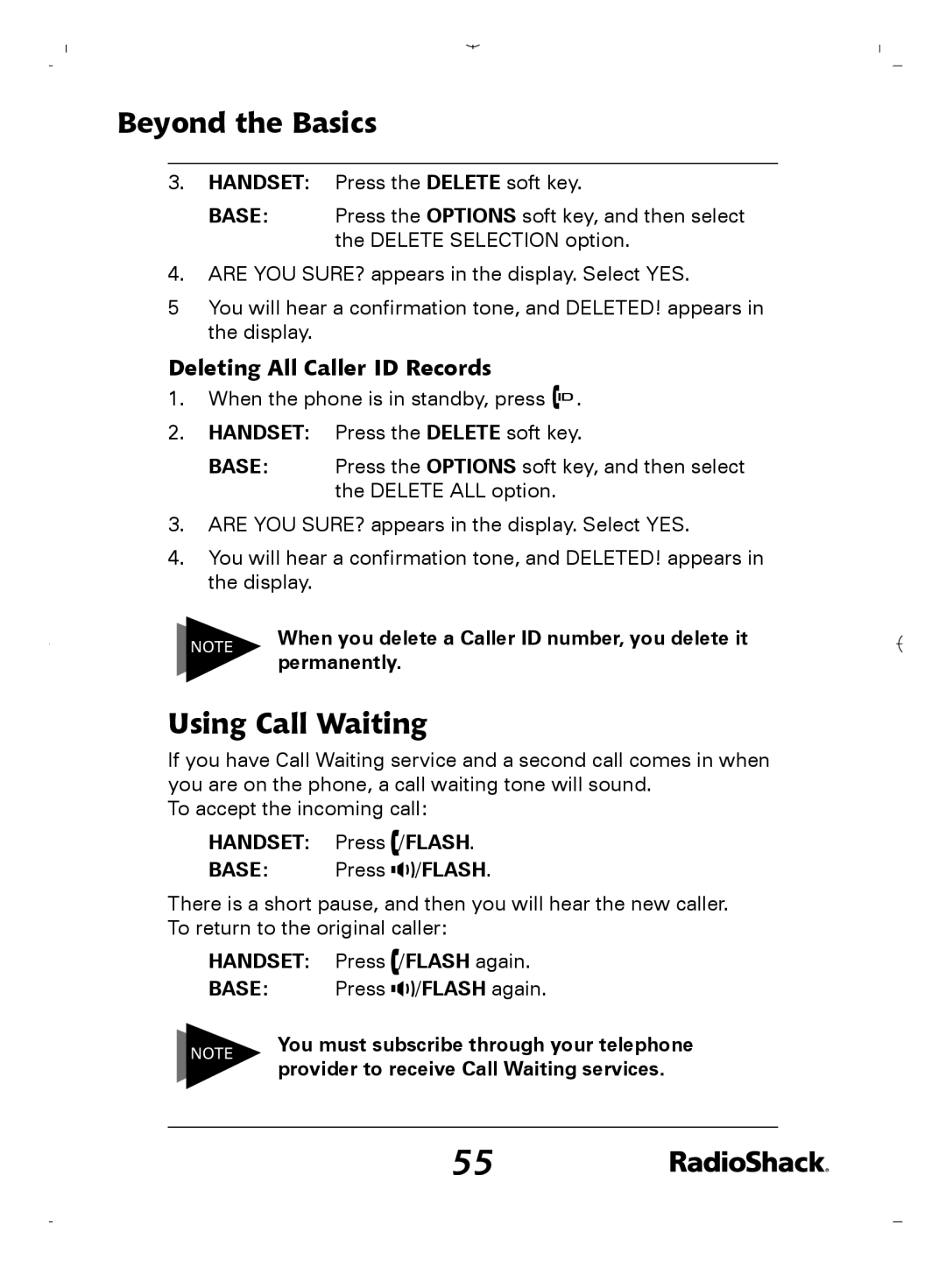 Radio Shack 43-5862 owner manual Using Call Waiting, Deleting All Caller ID Records 