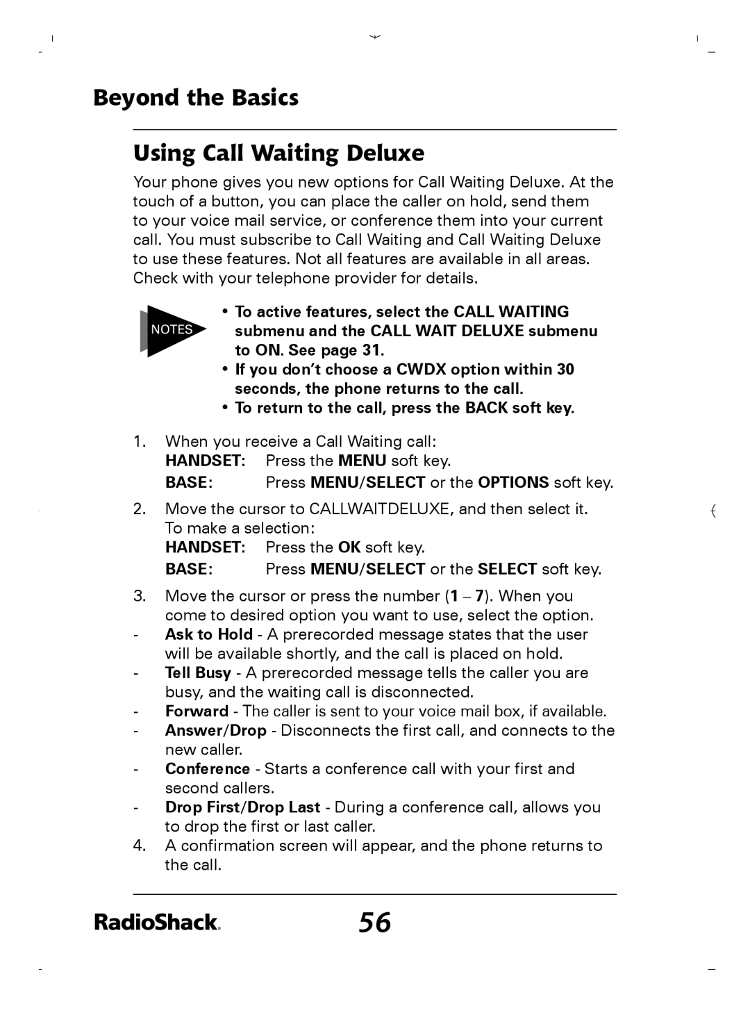 Radio Shack 43-5862 Beyond the Basics Using Call Waiting Deluxe, Base Press MENU/SELECT or the Options soft key 