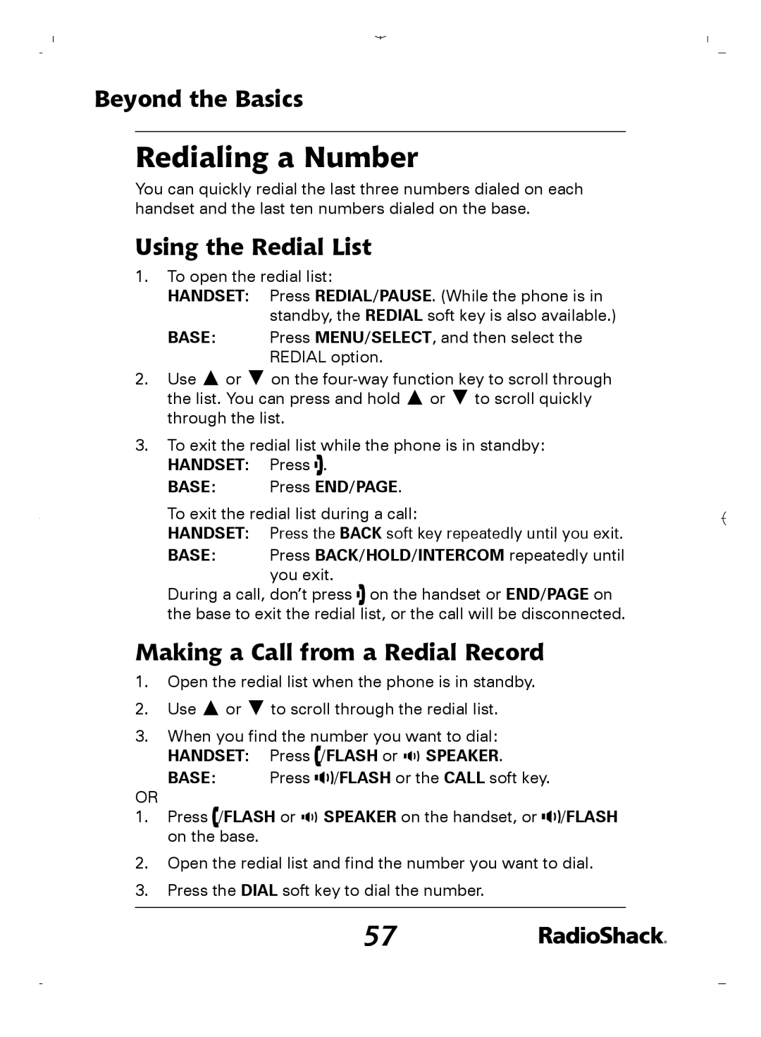 Radio Shack 43-5862 owner manual Redialing a Number, Using the Redial List, Making a Call from a Redial Record 