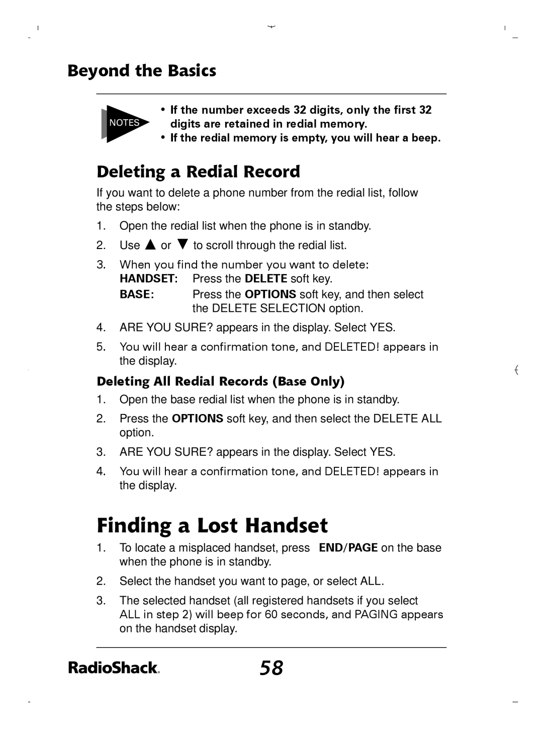 Radio Shack 43-5862 owner manual Finding a Lost Handset, Deleting a Redial Record, Deleting All Redial Records Base Only 