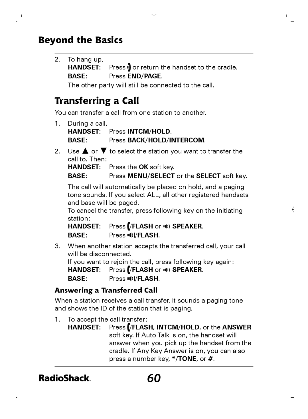 Radio Shack 43-5862 owner manual Transferring a Call, Answering a Transferred Call 