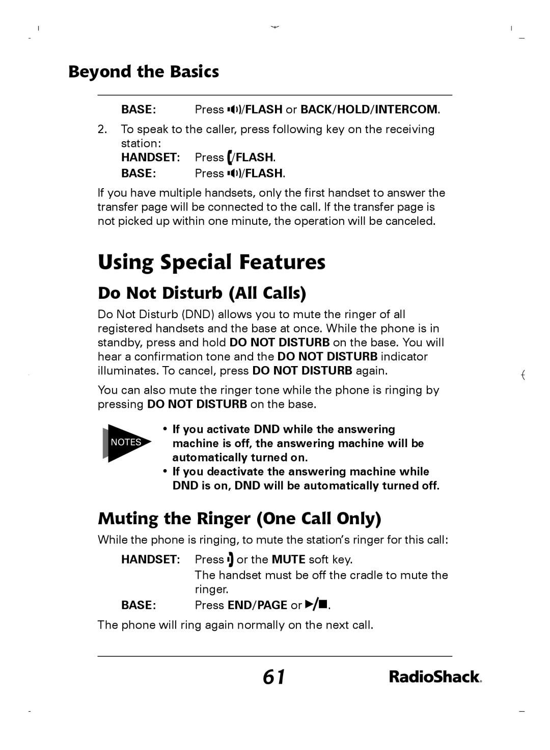 Radio Shack 43-5862 Using Special Features, Do Not Disturb All Calls, Muting the Ringer One Call Only, Press END/PAGE or 