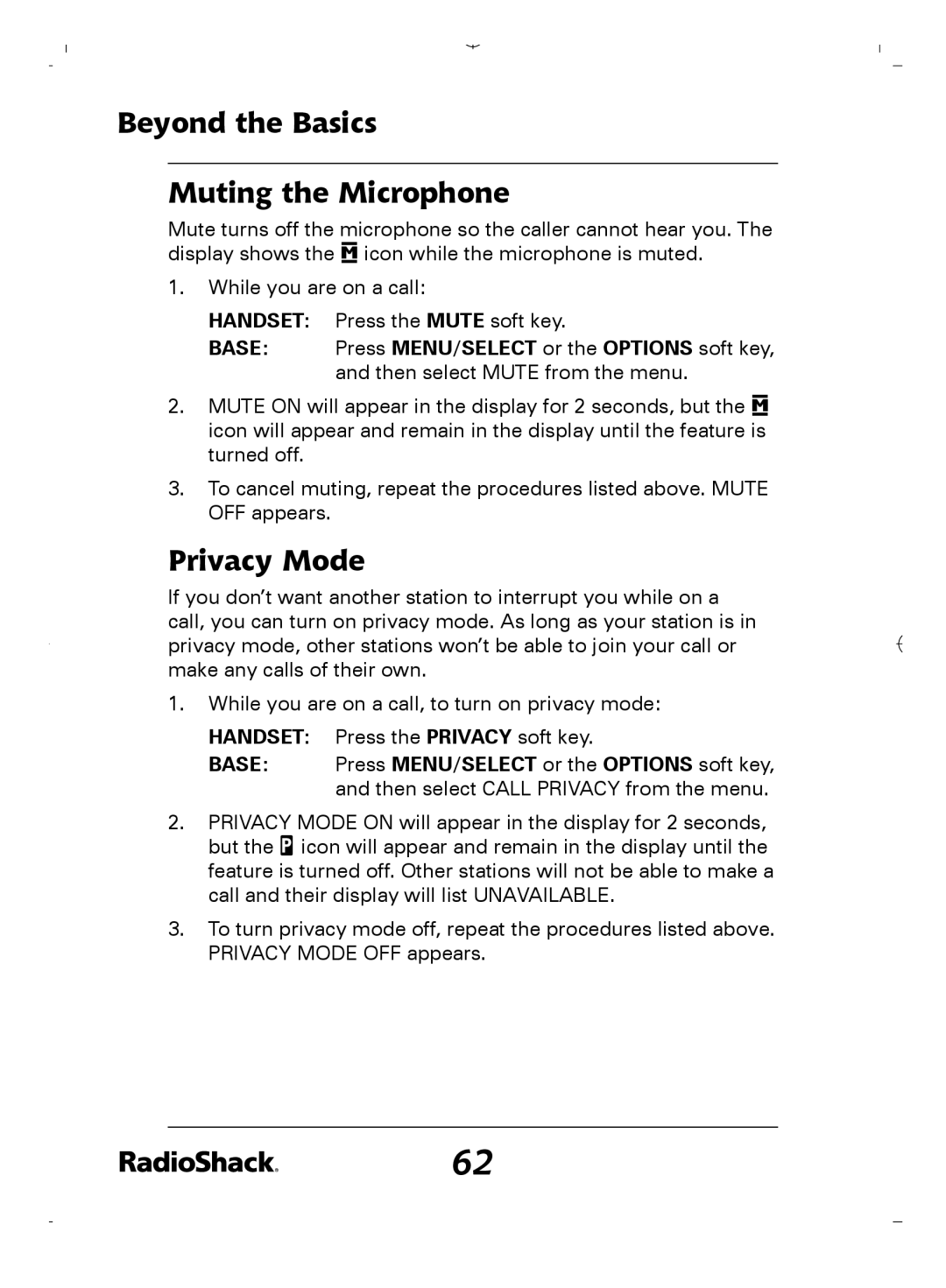 Radio Shack 43-5862 owner manual Beyond the Basics Muting the Microphone, Privacy Mode 