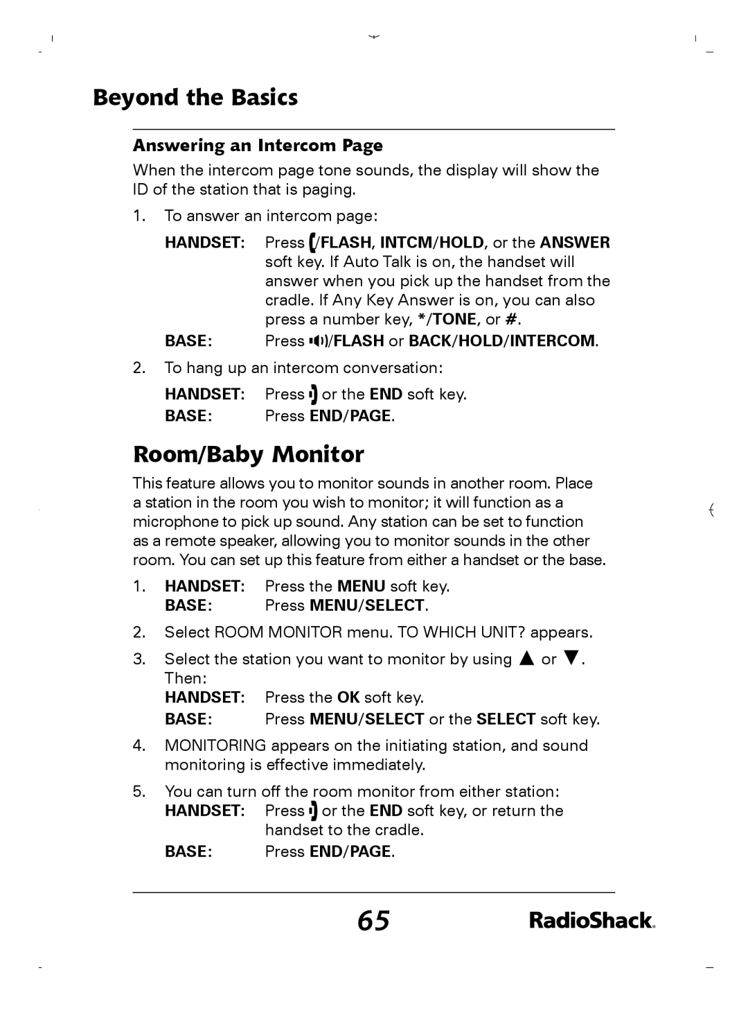 Radio Shack 43-5862 owner manual Room/Baby Monitor, Answering an Intercom, Base Press MENU/SELECT 