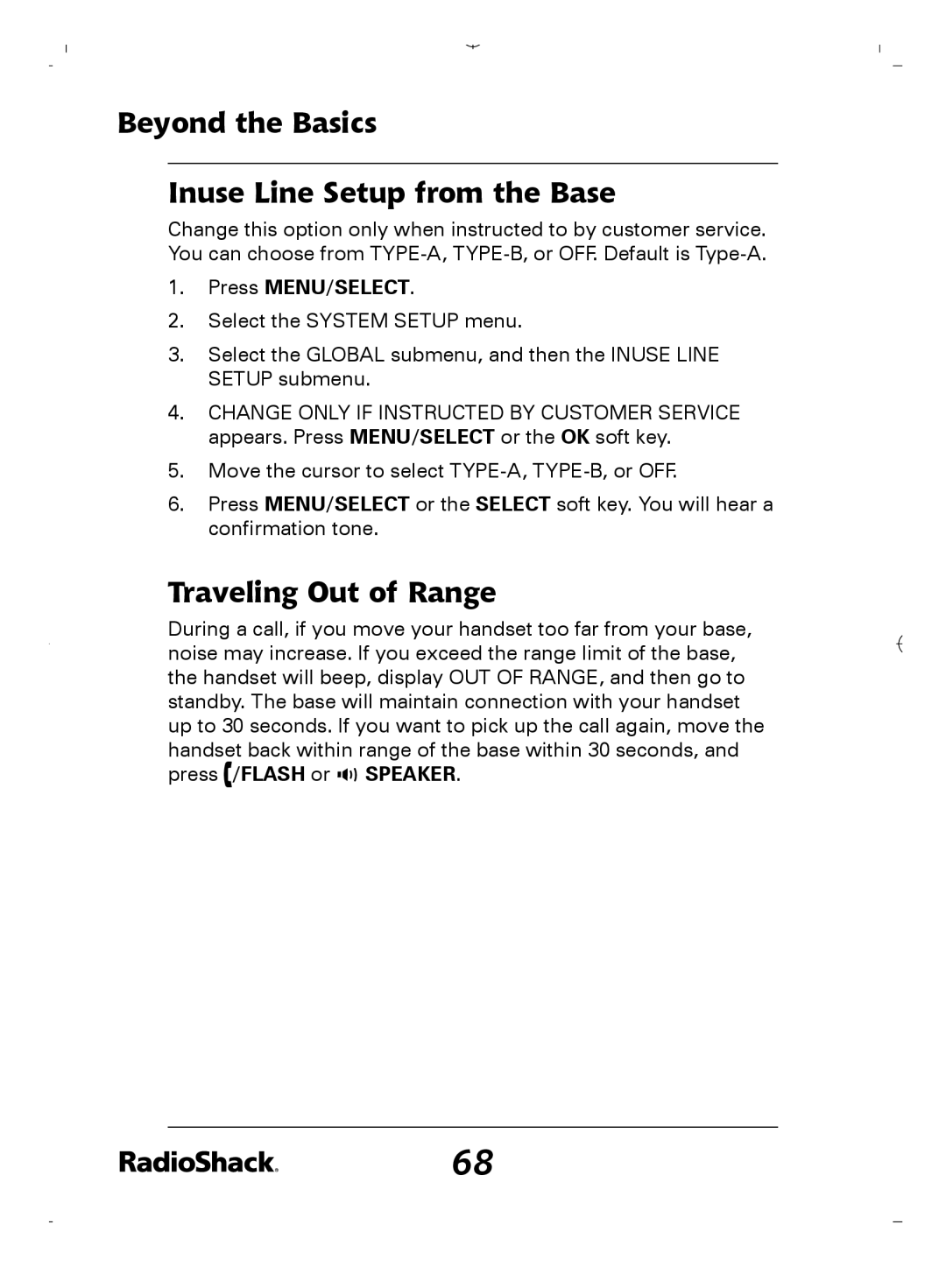 Radio Shack 43-5862 owner manual Beyond the Basics Inuse Line Setup from the Base, Traveling Out of Range 