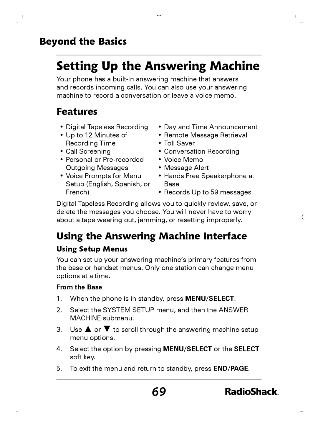 Radio Shack 43-5862 Setting Up the Answering Machine, Features, Using the Answering Machine Interface, Using Setup Menus 