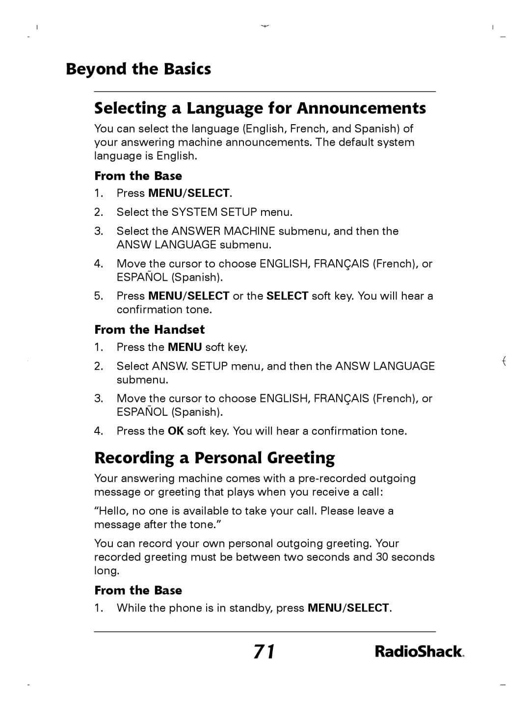 Radio Shack 43-5862 owner manual Beyond the Basics Selecting a Language for Announcements, Recording a Personal Greeting 