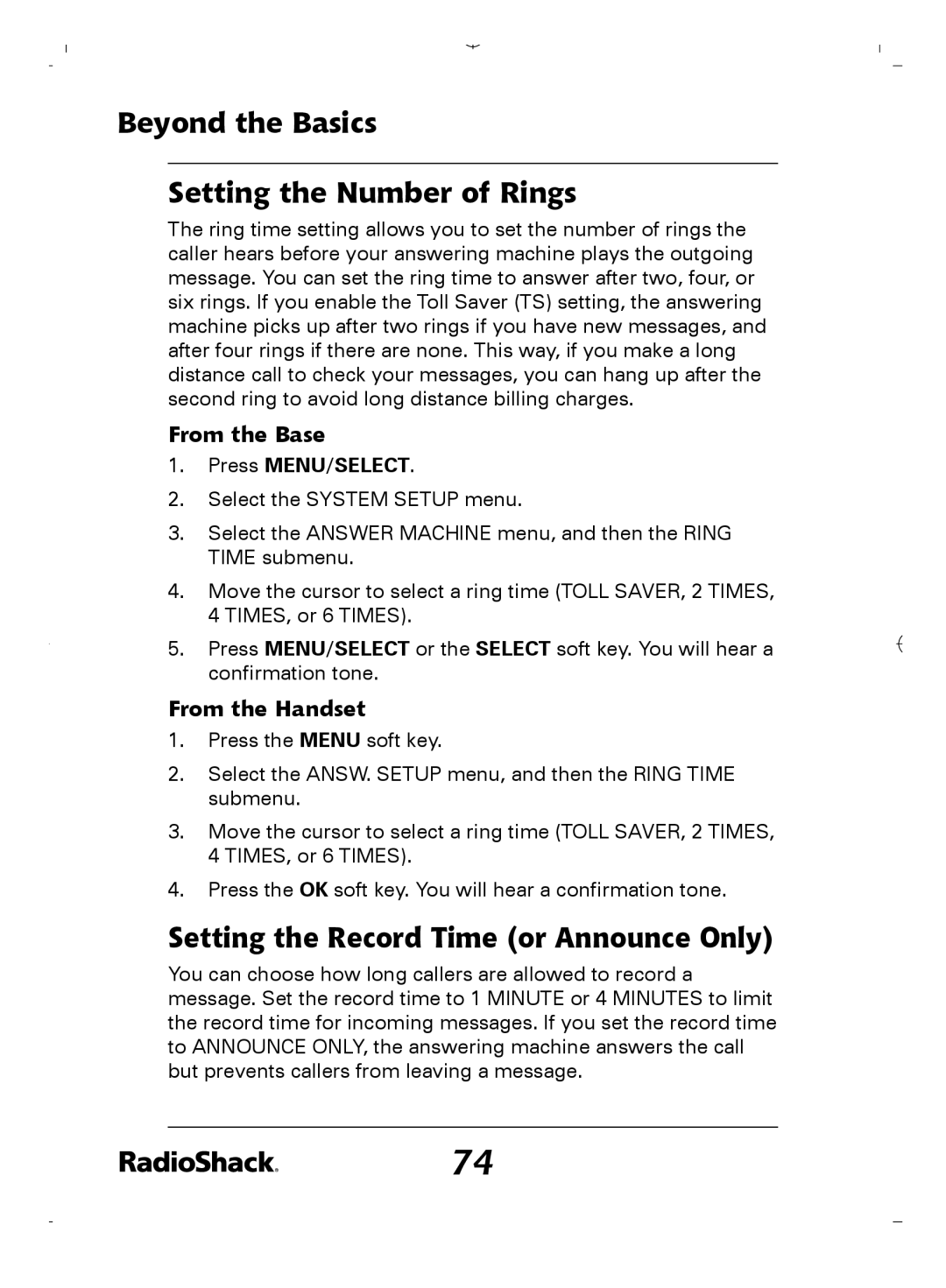 Radio Shack 43-5862 owner manual Beyond the Basics Setting the Number of Rings, Setting the Record Time or Announce Only 