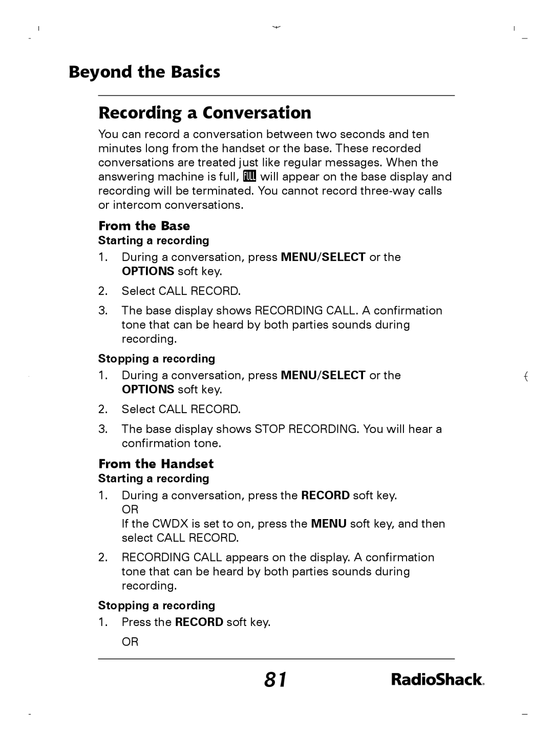 Radio Shack 43-5862 owner manual Beyond the Basics Recording a Conversation, Starting a recording, Stopping a recording 