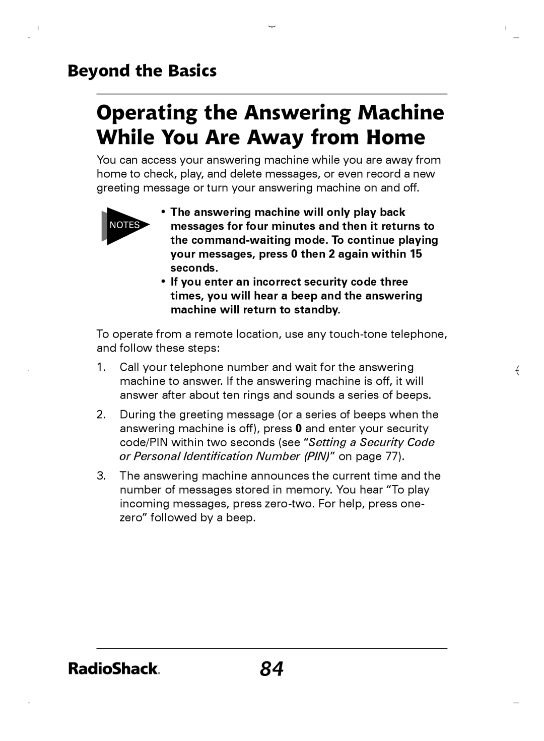 Radio Shack 43-5862 owner manual Operating the Answering Machine While You Are Away from Home 