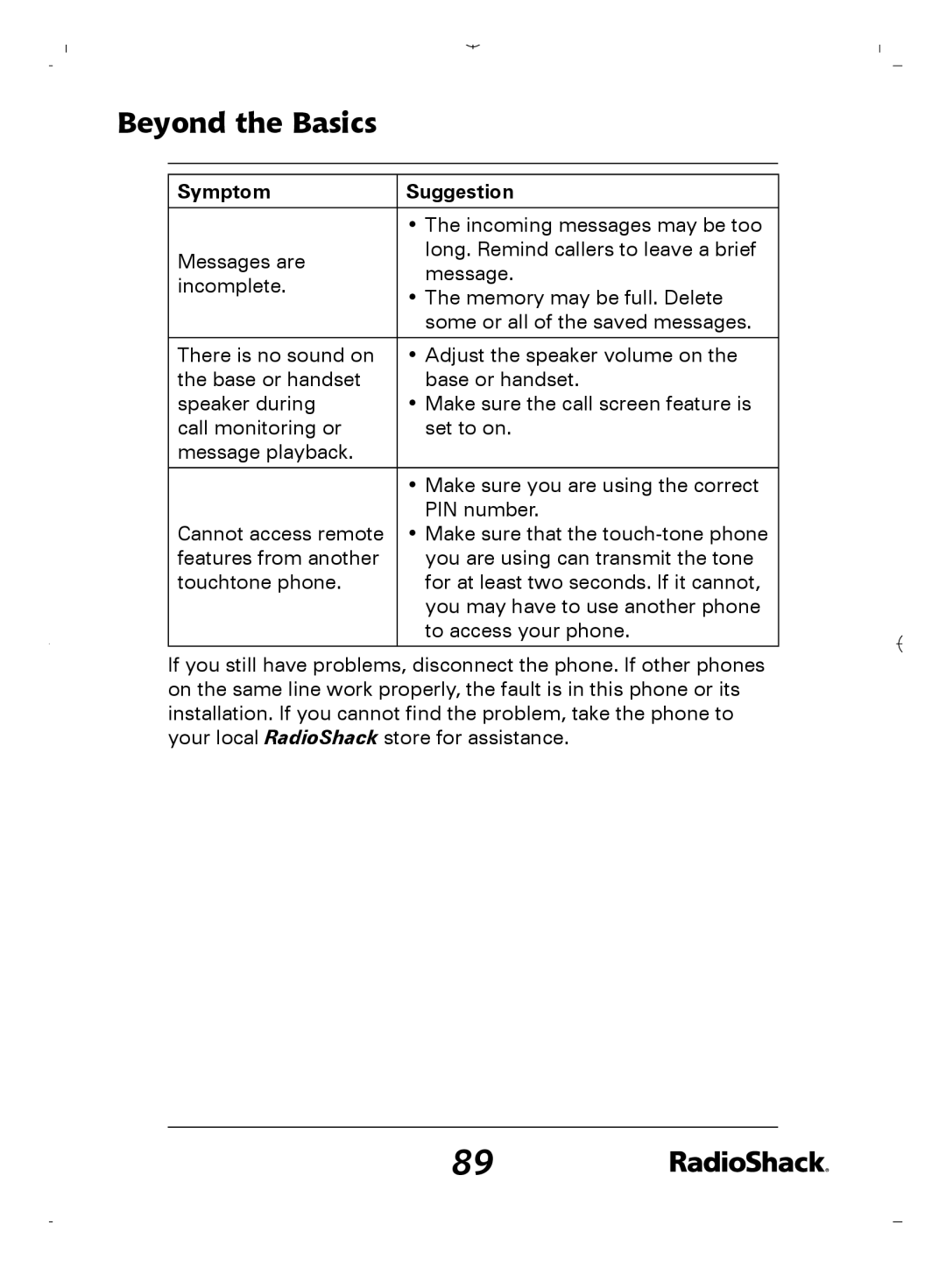 Radio Shack 43-5862 owner manual Incoming messages may be too 