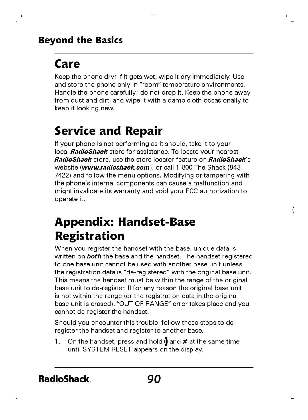 Radio Shack 43-5862 owner manual Care, Service and Repair Appendix Handset-Base Registration 