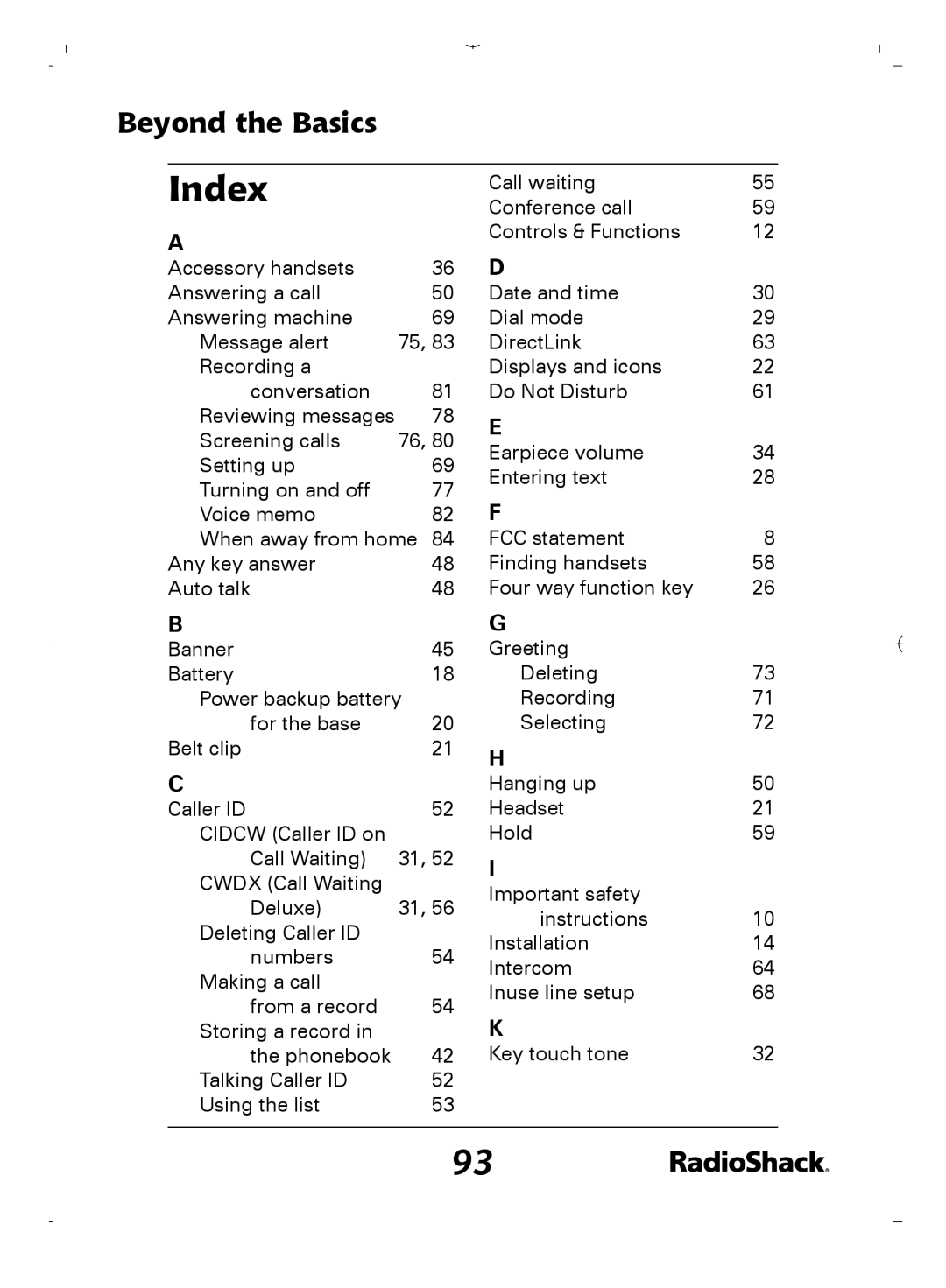 Radio Shack 43-5862 owner manual Index 