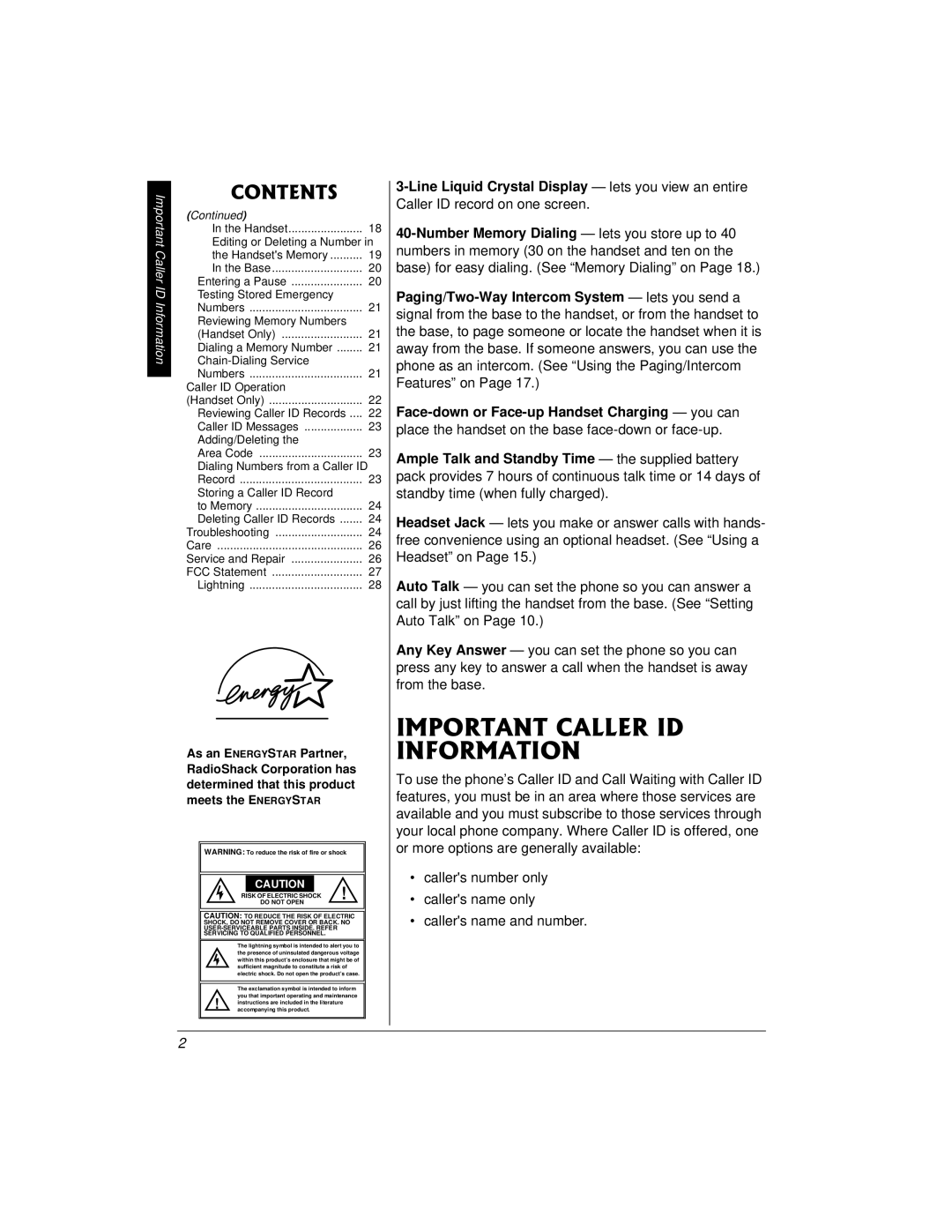 Radio Shack 43-683 owner manual +/2146#06%#..4+& +014/#6+10, Important Caller ID Information 