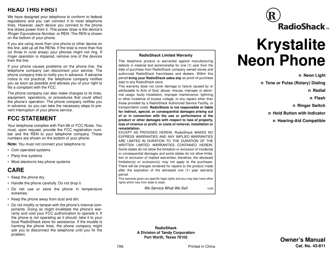 Radio Shack 43-811 owner manual Krystalite Neon Phone, Read this First, FCC Statement, Care 