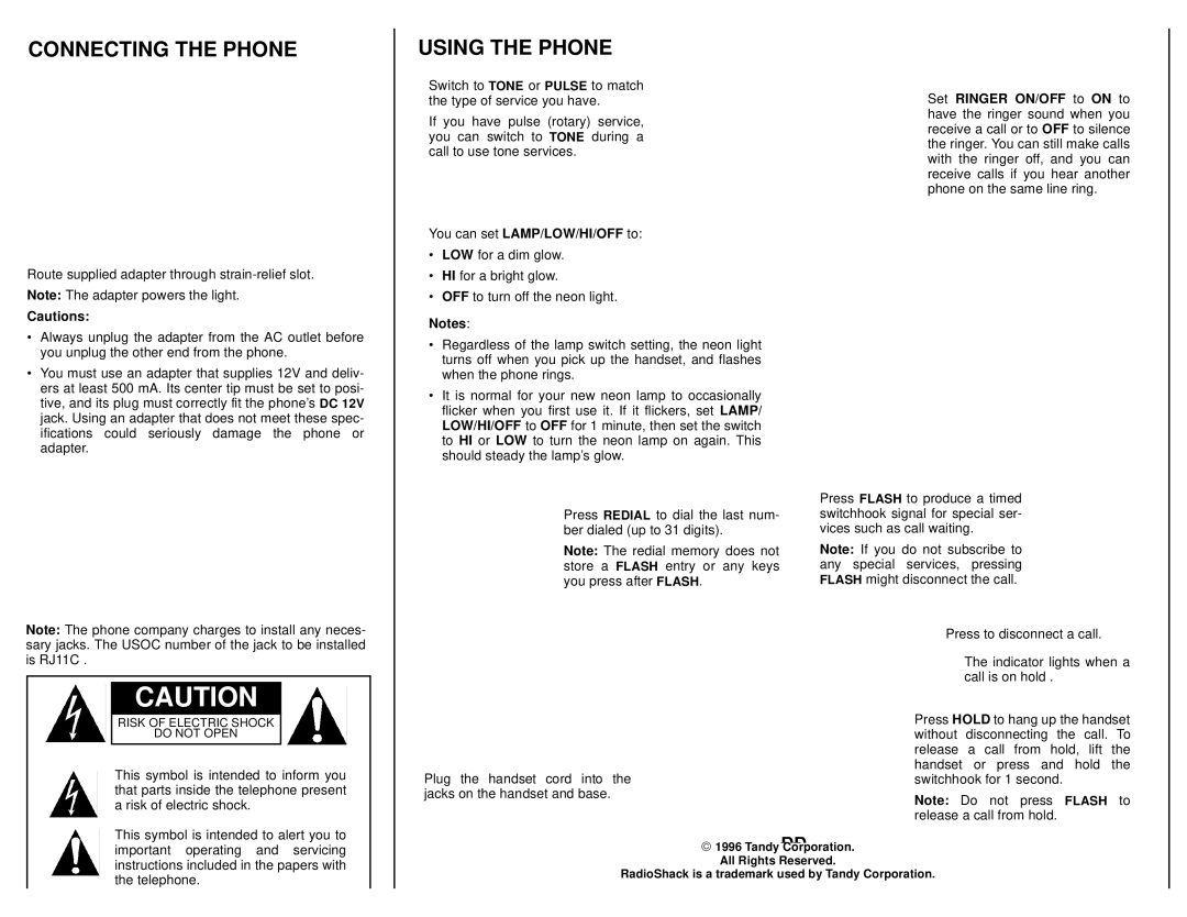 Radio Shack 43-811 owner manual Connecting the Phone Using the Phone, You can set LAMP/LOW/HI/OFF to 