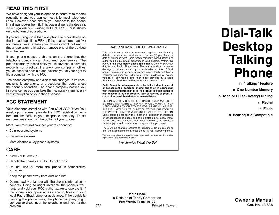 Radio Shack 43-838 owner manual Dial-Talk Desktop Talking Phone, Read this First, FCC Statement, Care 