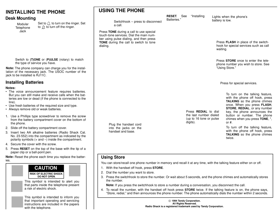 Radio Shack 43-838 owner manual Installing the Phone, Using the Phone, Desk Mounting, Installing Batteries, Using Store 