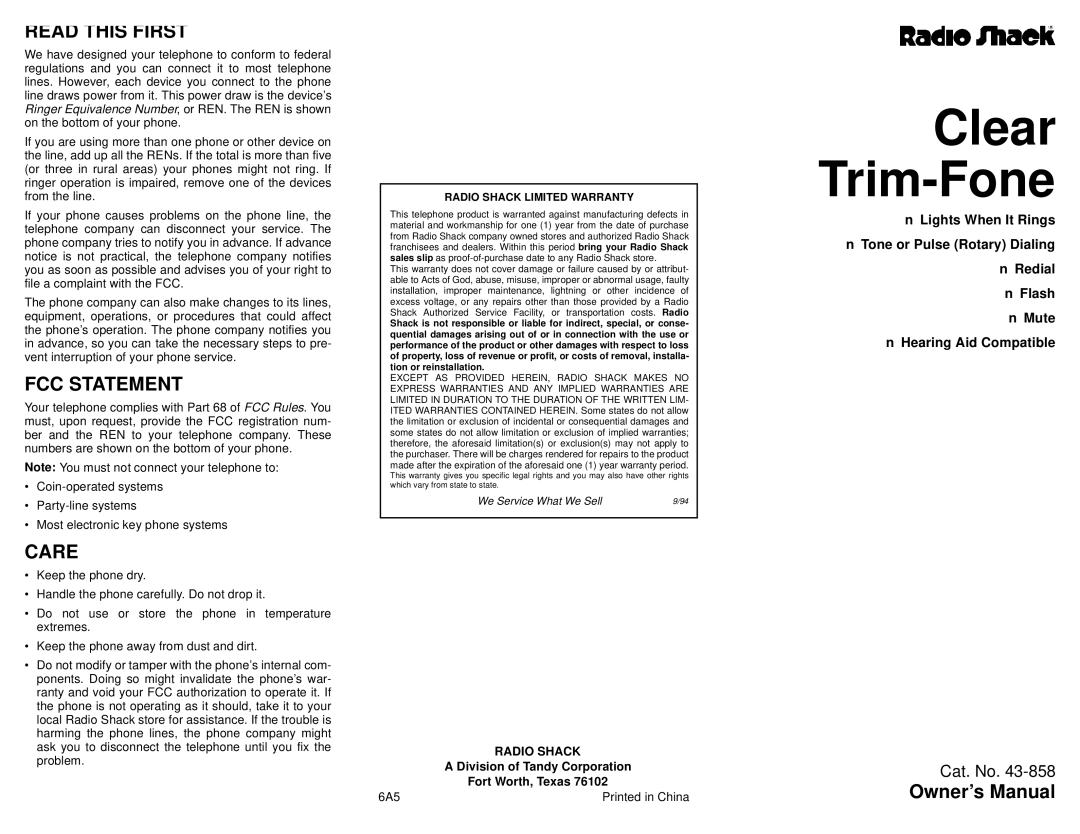 Radio Shack 43-858 owner manual Clear Trim-Fone, Read this First, FCC Statement, Care, Radio Shack Limited Warranty 