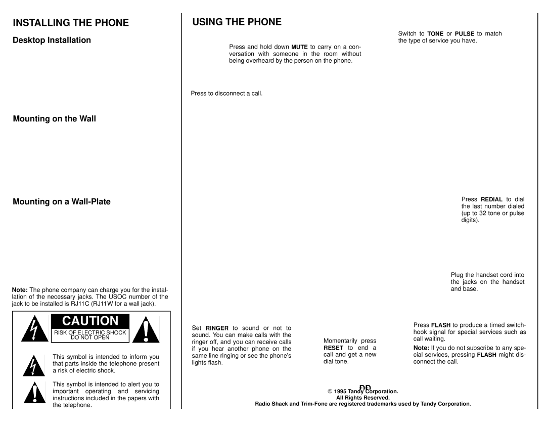 Radio Shack 43-858 owner manual Installing the Phone Using the Phone 