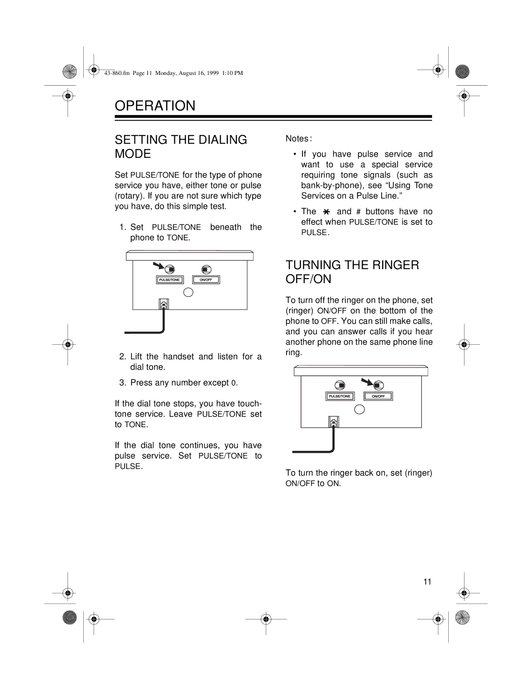 Radio Shack 43-860 owner manual Operation, Setting the Dialing Mode, Turning the Ringer OFF/ON 