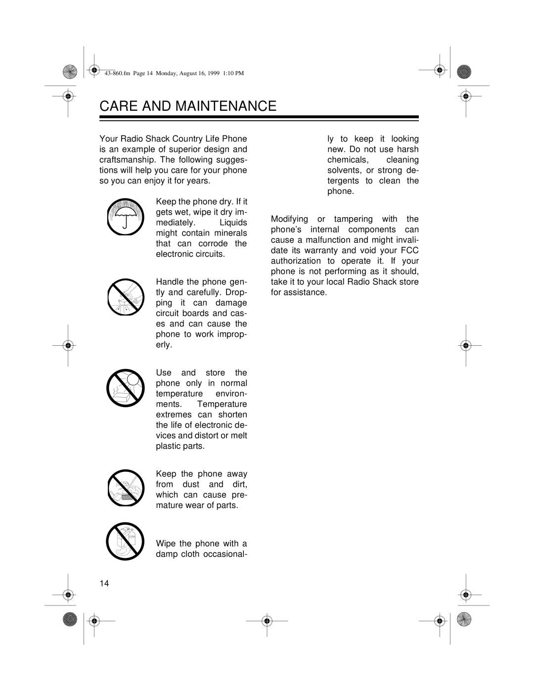 Radio Shack 43-860 owner manual Care and Maintenance 