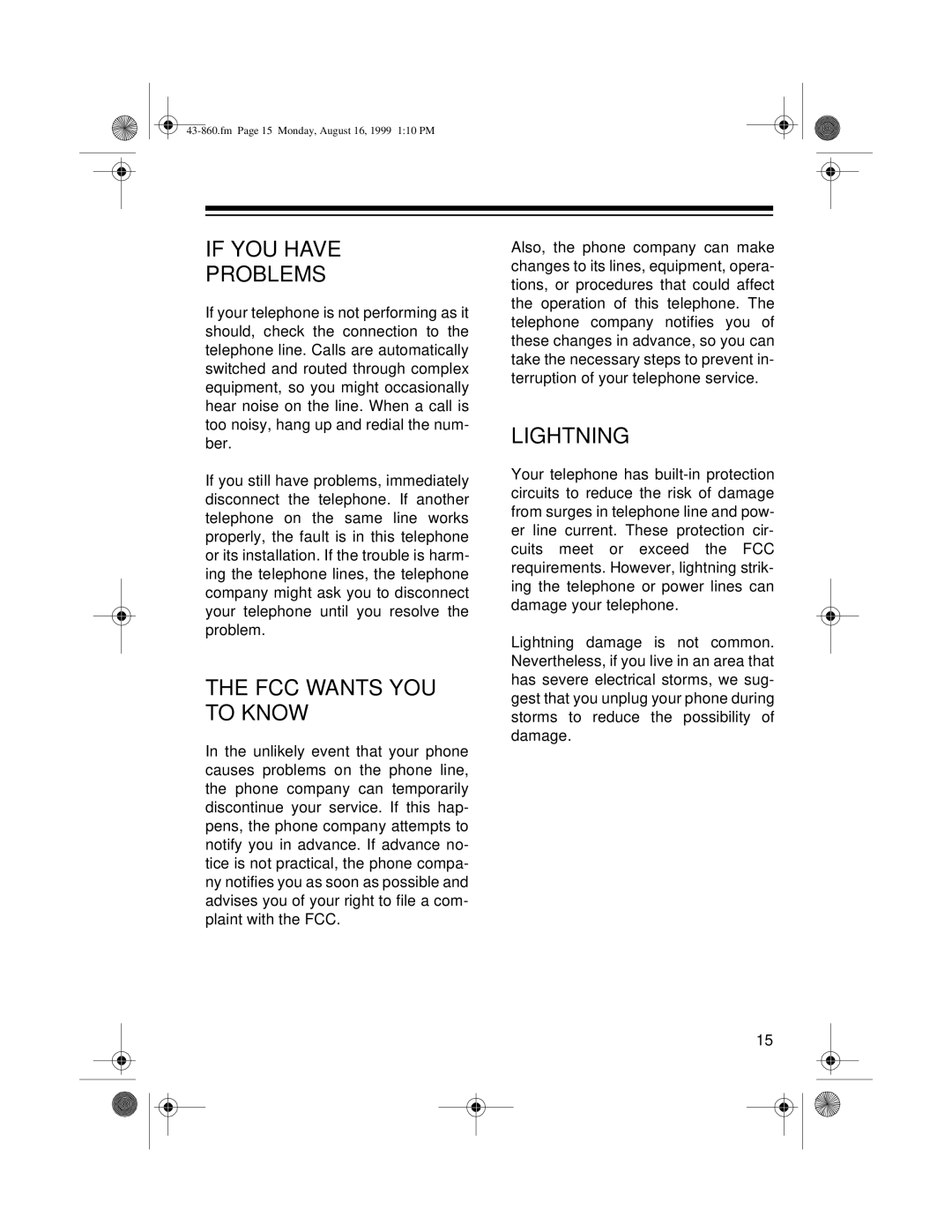 Radio Shack 43-860 owner manual If YOU have Problems, FCC Wants YOU to Know, Lightning 