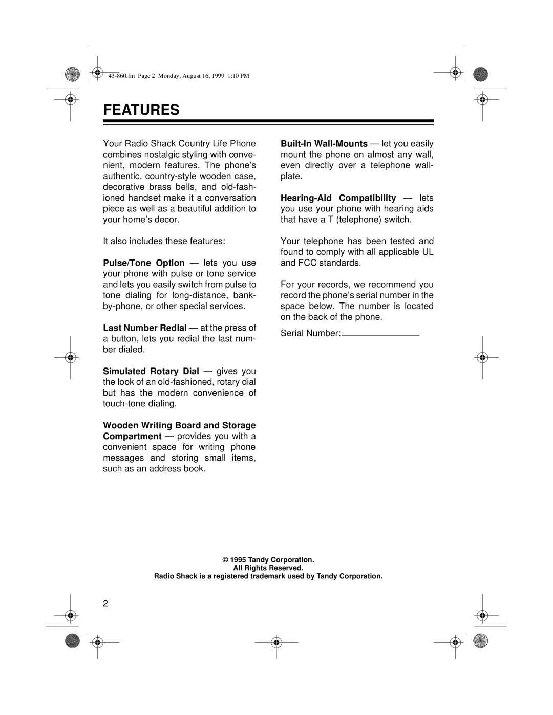 Radio Shack 43-860 owner manual Features 