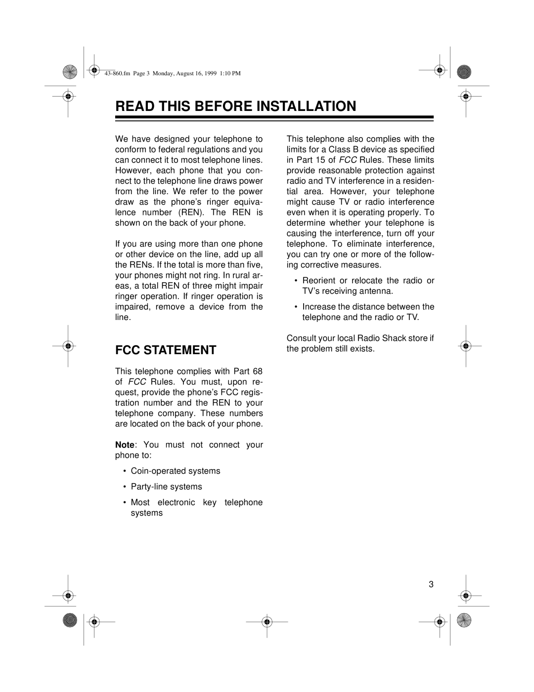 Radio Shack 43-860 owner manual Read this Before Installation, FCC Statement 