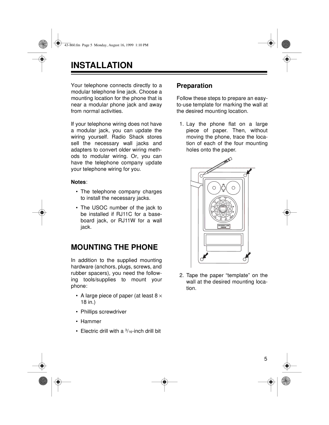 Radio Shack 43-860 owner manual Installation, Mounting the Phone 