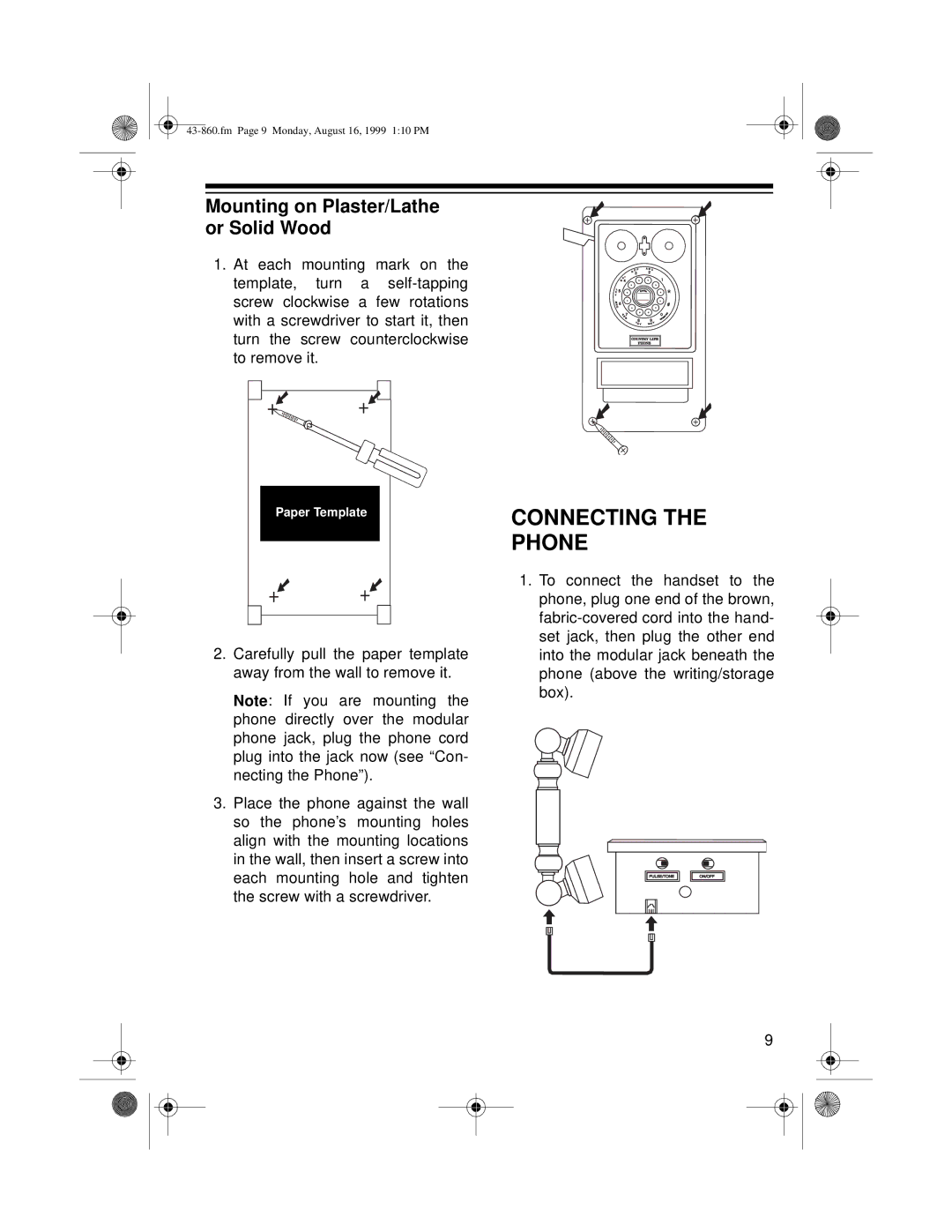 Radio Shack 43-860 owner manual Connecting Phone, Mounting on Plaster/Lathe or Solid Wood 