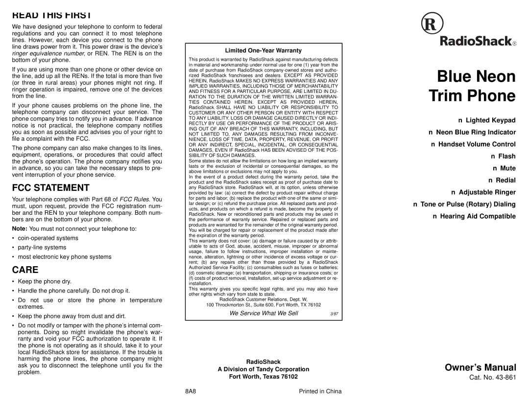 Radio Shack 43-861 owner manual Blue Neon Trim Phone, Read this First, FCC Statement, Care 