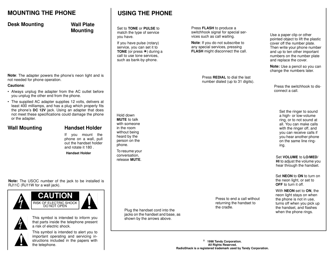 Radio Shack 43-861 owner manual Mounting the Phone Using the Phone, Desk Mounting Wall Plate, Wall Mounting Handset Holder 