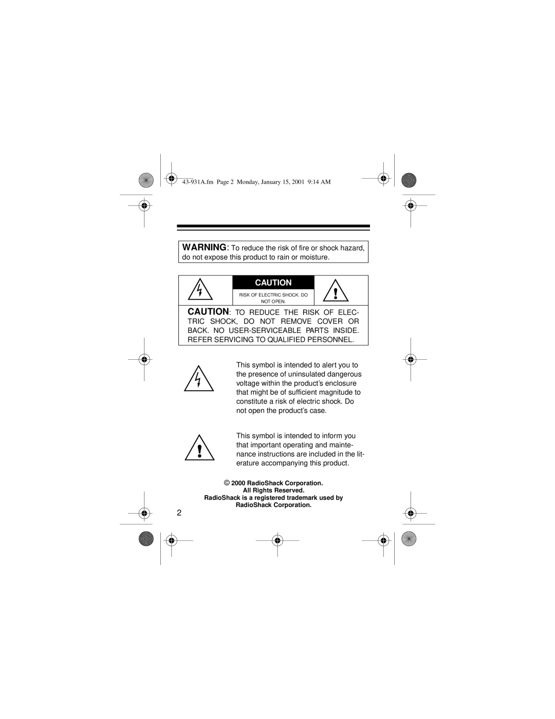 Radio Shack owner manual 43-931A.fm Page 2 Monday, January 15, 2001 914 AM 