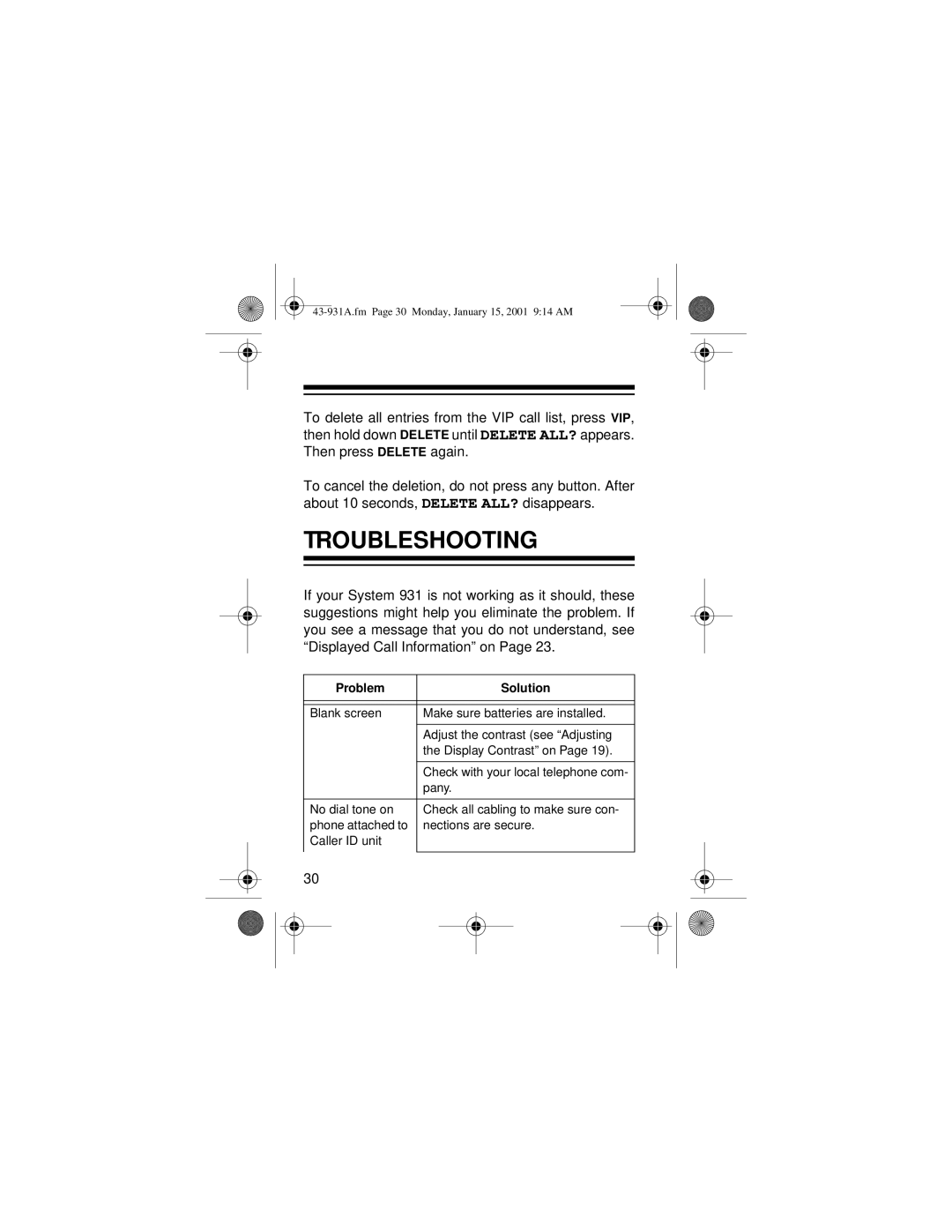 Radio Shack 43-931A owner manual Troubleshooting, Problem Solution 