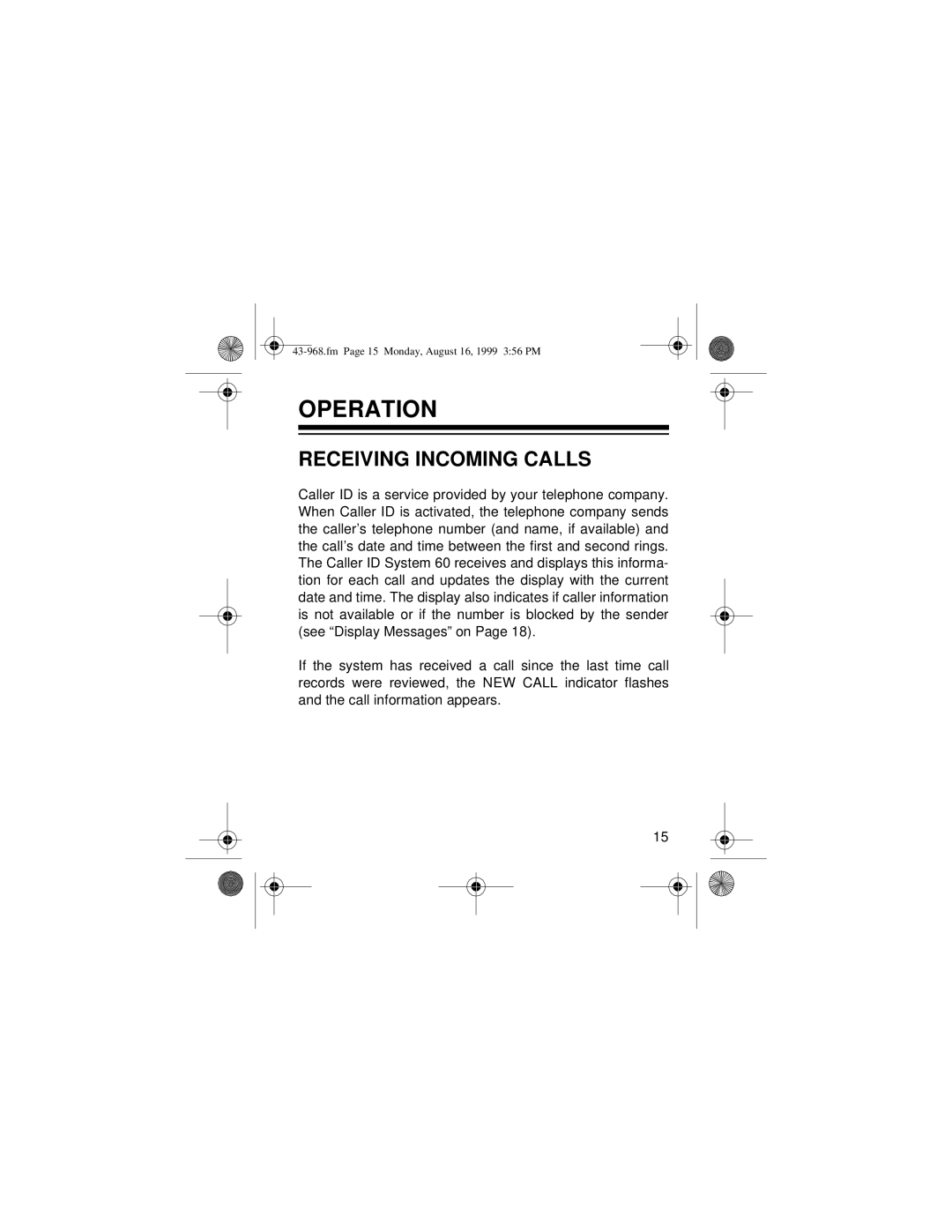 Radio Shack 43-968 owner manual Operation, Receiving Incoming Calls 