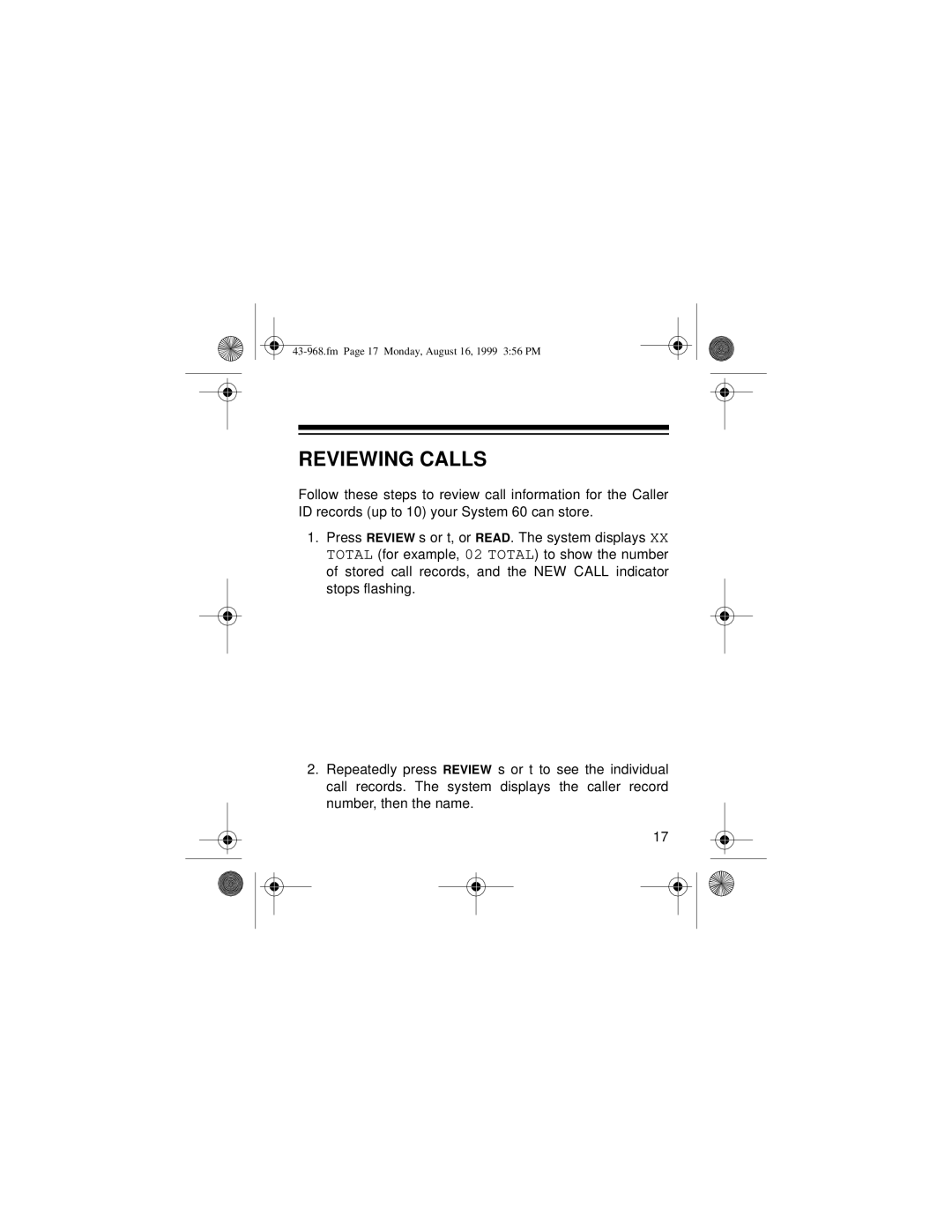 Radio Shack 43-968 owner manual Reviewing Calls 