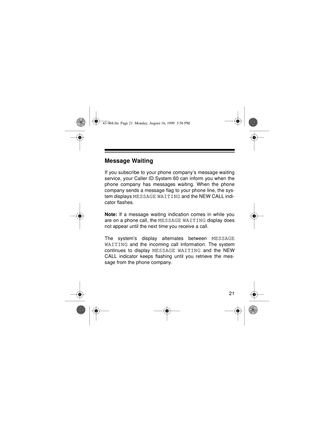 Radio Shack 43-968 owner manual Message Waiting 