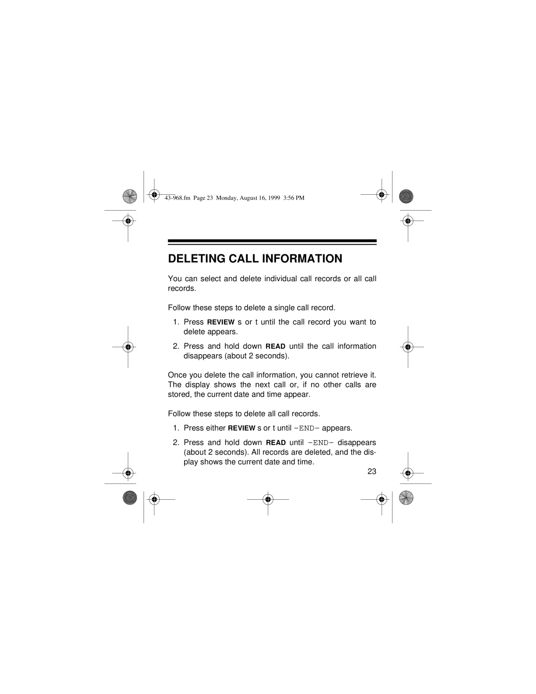 Radio Shack 43-968 owner manual Deleting Call Information 