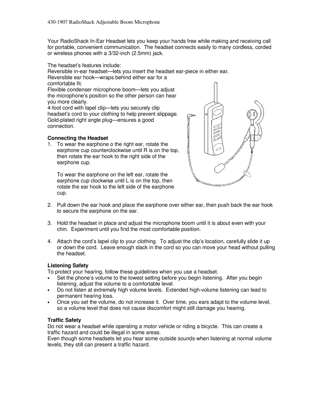 Radio Shack 430-1907 manual Connecting the Headset, Listening Safety, Traffic Safety 