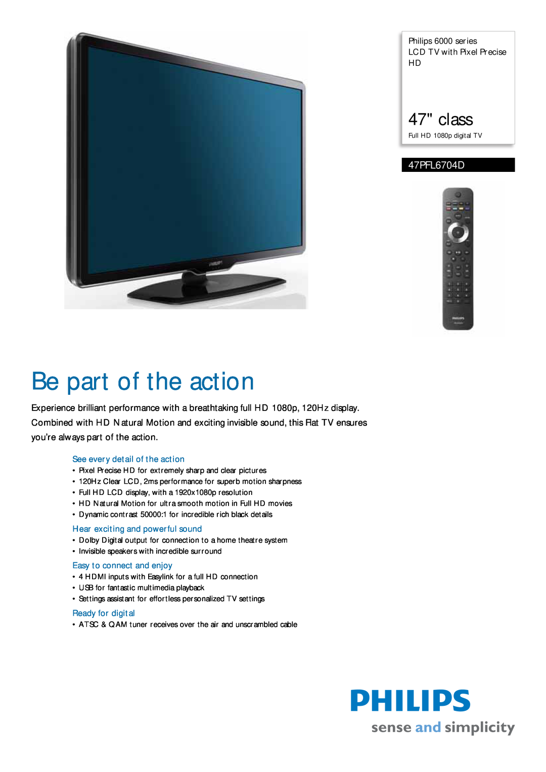 Radio Shack 47PFL6704D manual Philips 6000 series LCD TV with Pixel Precise HD, See every detail of the action, class 