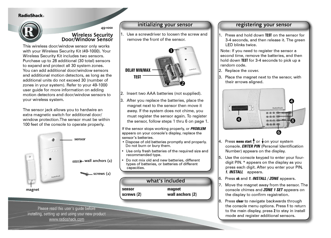 Radio Shack 49-1001 manual Wireless Security Door/Window Sensor, Initializing your sensor, What’s included 