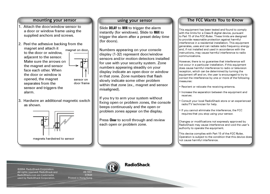 Radio Shack 49-1001 manual Mounting your sensor, Using your sensor, FCC Wants You to Know 