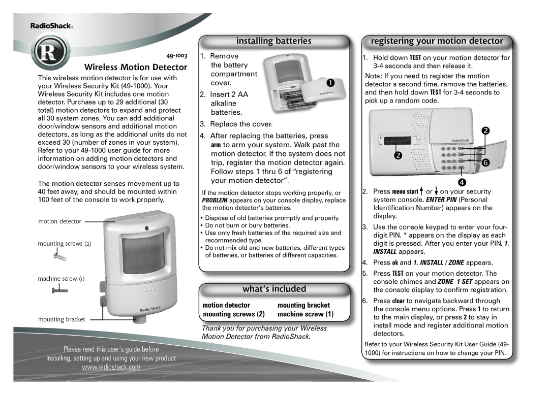 Radio Shack 49-1003 manual Wireless Motion Detector, Installing batteries, What’s included, Enter PIN Personal 