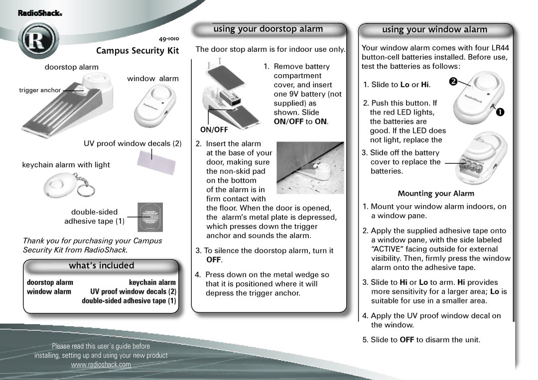 Radio Shack 49-1010 manual Campus Security Kit, Using your doorstop alarm, Using your window alarm, What’s included 