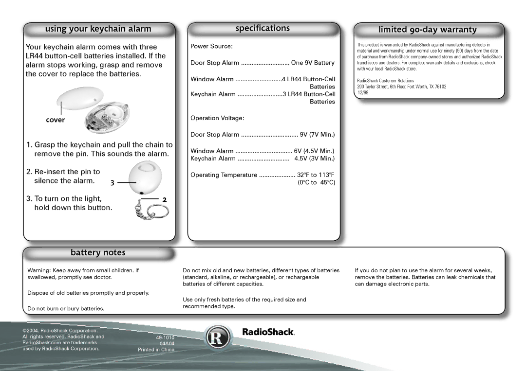 Radio Shack 49-1010 manual Using your keychain alarm, Battery notes, Speciﬁcations, Limited 90-day warranty, Cover 