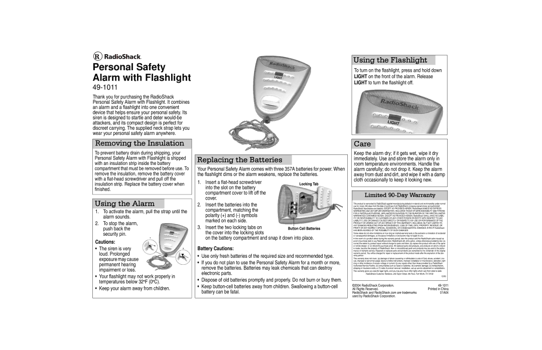 Radio Shack 49-1011 warranty Removing the Insulation, Using the Alarm, Replacing the Batteries, Using the Flashlight, Care 