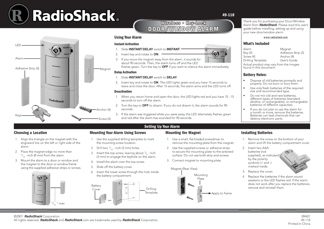 Radio Shack 49-118 manual Using Your Alarm, What’s Included, Battery Notes 