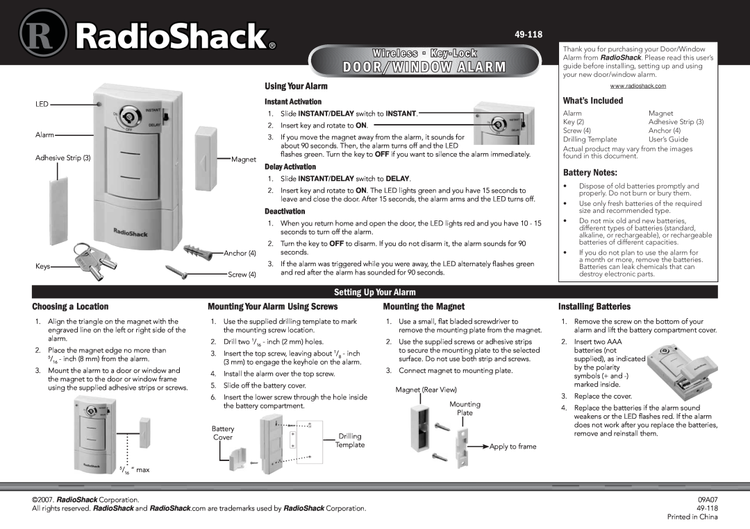 Radio Shack 49-118 manual D O O R / W I N D O W A L A R M, W i r e l e s s · K e y - L o c k, Using Your Alarm 